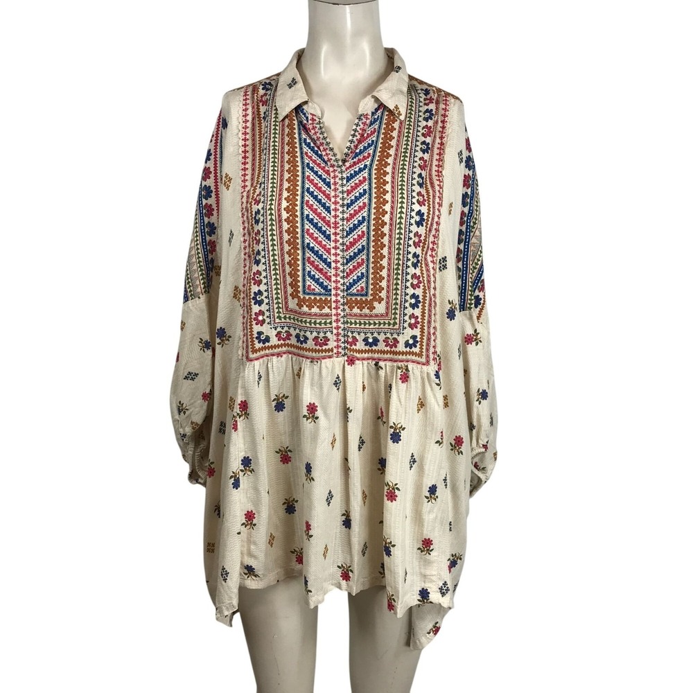BIBA - WOMEN'Sโ 38 - TAN EMBROIDERED SHORT SLEEVE V NECK COLLARED BOHO TOP SHIRT